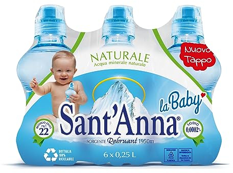 Acqua Sant'Anna La Baby Naturale 0,25 Litri | Bottiglia con tappo Thumb Up | Plastica 100% Riciclabile | Pack da 24 bottiglie (4 confezioni da 6 bottiglie)