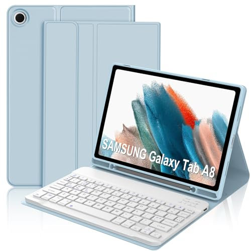 Keyboard Case for Samsung Galaxy Tab A8 10.5, Detachable Wireless Bluetooth Keyboard with Protective Cover and Pencil Holder for Samsung Galaxy Tab A8 10.5 inch 2022 (SM-X200/X205/X207), Sky Blue