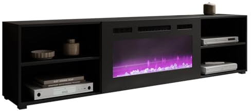 Mirjan24 TV Lowboard Luvkas 200 mit Elektrischem Kamin Realistische LED-Flamme Kristallherd Fernsehschrank Fernsehtisch Unterschrank Board Schrank TV-Bank (Schwarz/Schwarz + Schwarz Hochglanz)