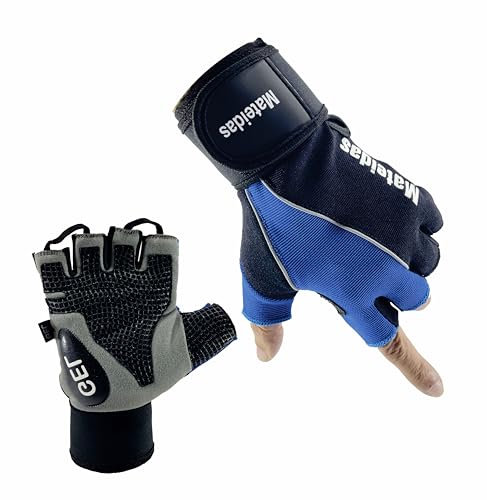 Mateidas gym gloves men cycling gloves for men weight lifting gloves women bike gloves leather with wrist strap breathable padded support with palm protection (Blue, L)
