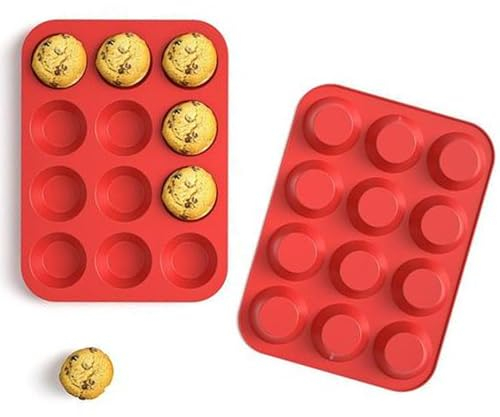 Pumuky 2 Pièces Moule à Muffin en Silicone,12 en 1 Moule à Pâtisserie,Moule Demi Sphere Silicone,12 Moules à Cupcakes et Muffins Antiadhésif,pour Muffins, Cupcakes, Brownies, Pudding (Rouge)
