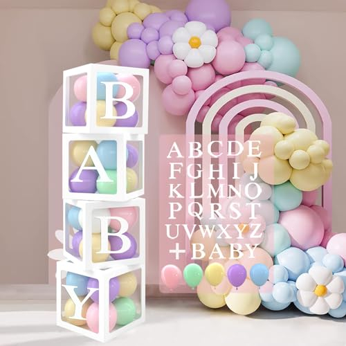 Ballonboxen Für Baby Party Dekoration,4 Stück Transparente Box Mit 30 Bunt Luftballons 30 Buchstaben,Babyparty Box Deko Mädchen, Baby Shower Deko, Gender Reveal Party, Babyparty Girl Or Boy