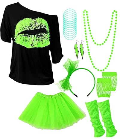 BBring karneval kostüm herren,80er Jahre Outfit Damen Mottoparty 80 er Jahre Kostüm Damen Kostüm 80er Jahre Damen 80er 90er Outfit 80 er Jahre Party Kostüme Frauen Karneval Ankleiden Satz(W2-Green, M)