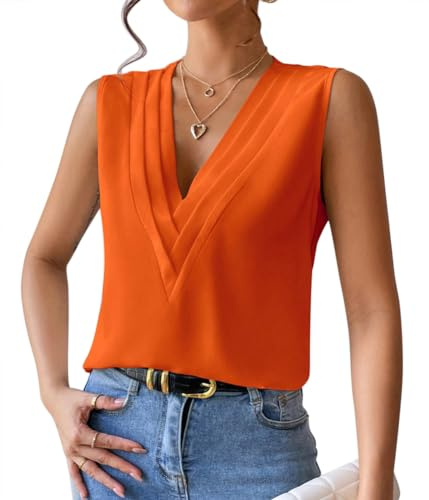 ORANDESIGNE Débardeur Femme Chic Et Élégant Top Chemisier Sexy Blouse Ample Haut Été sans Manches Tee Shirt Col V Fluide Mode Casual Chemise Classique Debardeur Travail Camisole B Orange M