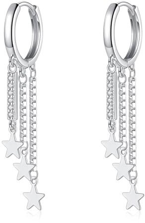 Loutade Silver Tassel Chain Hoop Earrings with Flat Star Dangle, Hypoallergenic CZ Silver Drop Earrings