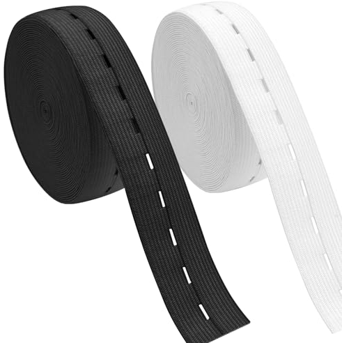 2 Rollos de EláStico para Ojales, 3cm × 7m Elástica Plana con Ojal, Banda Elástica con Ojal, Cinta Elástica con Ojales, Goma Elastica Costura Bandas Elásticas con Ojal para Extensión de Cintura