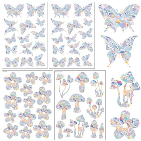 52 Stück Fensteraufkleber Suncatcher, Vogelschutz für Glasscheiben, Schmetterling Pilz Blumenmuster Fensteraufkleber Vogelschutz, Prisma Fensteraufkleber Sonnenfänger für Zuhause Geschäfte Büros