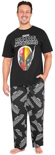 Marvel Deadpool and Wolverine Mens Pyjama Set, Soft Comfortable PJs Loungewear - Gifts for Men (Black Deadpool Wolverine, S)