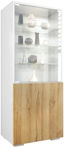 Vladon Vitrine Granada, Armoire Vitrée Made in Germany, avec Porte en Verre et Insert en Verre, Blanc Mat/chêne Nature (50 x 122,5 x 34,5 cm)