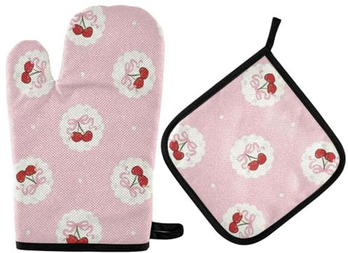 Pink Polka-dot Background and Cherries Pot Holders and Oven Mitts Heatproof Pot Holder Gloves Kitchen Aid 2PCS Oven Pads for BBQ Cooking Kitchen