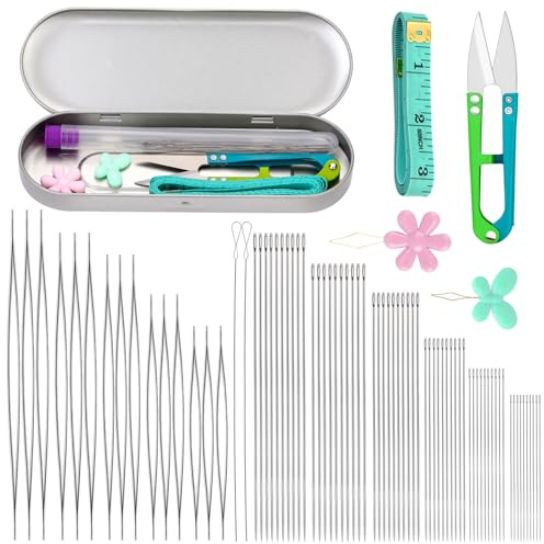 Doxiru 86 Pcs Beading Needles Set for Beading Supplies | 18 Big Eye And 60 Long Straight Needles, with Scissor And Thimble for Jewelry Making, Beading Supplies, Bracelet Making