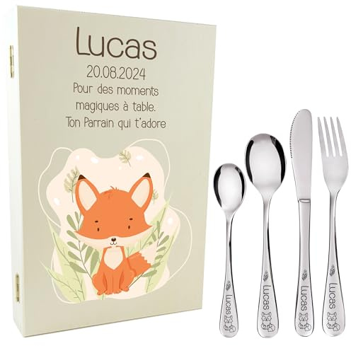 Gravure Events - Coffret en Bois avec 4 Couverts Personnalisés pour Enfant en Acier Inoxydable - Prénom Gravé en France - Cadeau Noël Bébé, Baptême, Cadeau de Naissance Fille ou Garçon - Modèle Renard