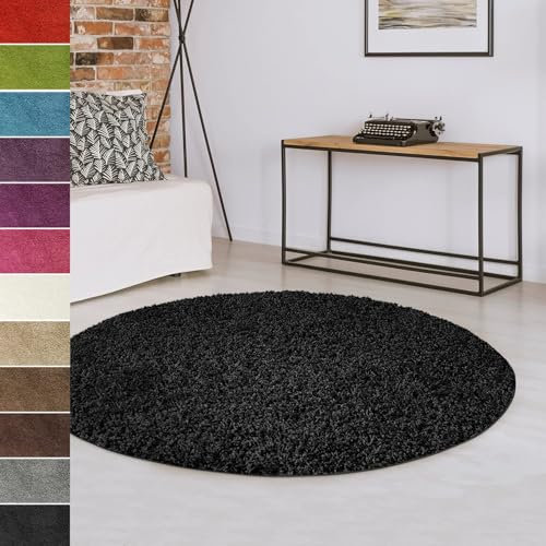 casa pura Teppich rund 100cm Durchmesser, schwarz weicher & Flauschiger Shaggy Hochflor Wohnteppich für Wohnzimmer, Schlafzimmer, Flur, Kinderzimmer Teppich Flur mit Anti-Rutsch Unterseite Barcelona