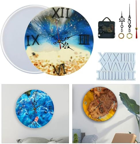 Moules en résine époxy - 27/37 cm - Cadran rond - Chiffres romains - Moule en silicone avec mouvement d'horloge - Horloge murale - Kit de moule en silicone pour bricolage, artisanat, décoration