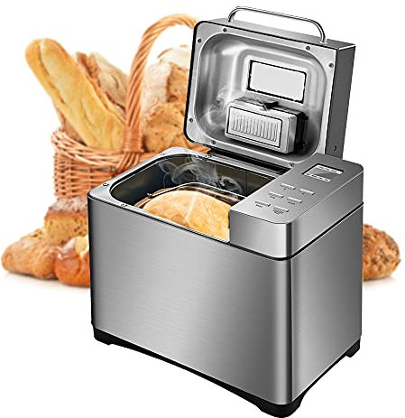 Panificadora totalmente automática, distribuidor de frutos secos y dispensador de levadura, 19 programas automáticos, panificadora de acero inoxidable de 2 LB, también para mermelada/mermelada/masa de