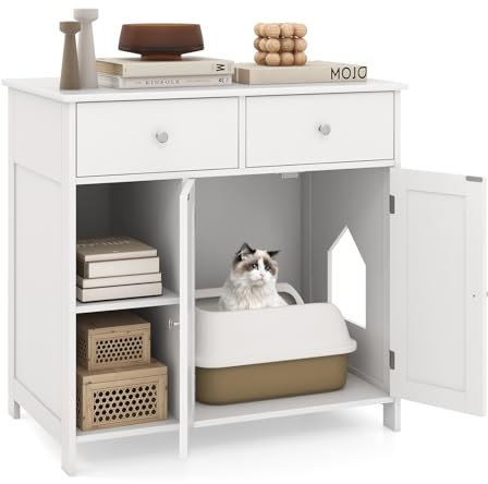 GYMAX Cat Litter Box Enclosure, Wooden Pet Cabinet Furniture with Hidden Cat Washroom and 2 Drawers, Cat House for Indoor Cats, as Cupboard Side Cabinet (80 x 51 x 78cm)