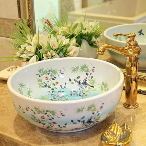 CNPRAZ Lavabo de baño, Lavabo de encimera, Lavabo de cerámica, Lavabo Superior, Lavabo, Lavabo, tocador, Lavabo Elegante, Flores de baño, Solo Lavabo para pájaros,