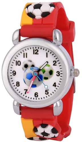 OFFCUP Kinderuhr, Kinder Uhren Analog, 3D Cartoon Lernuhr Quarzwerk, Silikon Uhrenarmband, 3 Jahre bis 11 Jahre, Armbanduhr Mädchen Junge Kinder analoge Quarzuhr -Rot-gelber Fußball