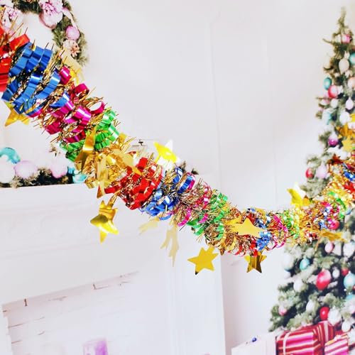 Anevous 2 Stück Weihnachtsgirlande, 2m Weihnachten Lametta Girlande mit Stern, Metallic Lametta Garland, Sterngirlande Hängende Dekoration, Kranz für Weihnachtsbaum Hochzeit Party Deko,Bunt