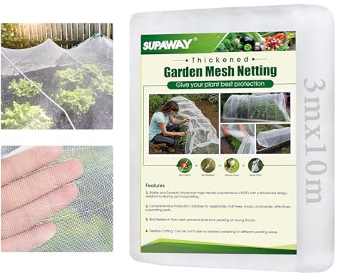 SUPAWAY Filet Anti Insecte épaisse 3 x 10 m Filet de Protection Jardin en Maille Ultra Fine, Filet Anti-Oiseaux et Anti-Insectes pour Potager, Serre, Légumes, Fruits et Plantes, Peut être coupé