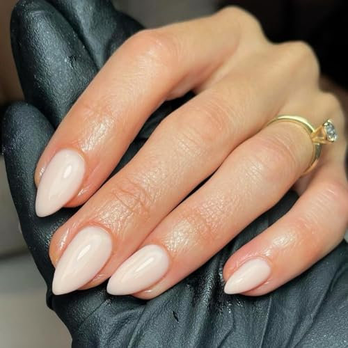 Beige White Press on Nails Short Almond Shaped, SXVME 30 Pcs Thick Short Fake Nails Press ons Natural Acrylic False Nails Custom Solid Color Medium Natural Fit Glue on Nails For Women