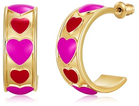 LILIE&WHITE Valentinstag Ohrringe Creolen für Damen – Goldfarbene Herz Ohrringe mit Rosa und Rot, Hypoallergen, Farbecht, Geschenk für Geburtstage, Jubiläen, Hochzeiten & Alltag