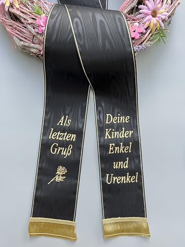 (17 Farbe Auswahl) Moire Trauerschleife mit Text personalisiert, Grabsgesteckband Bedruckt nach Wunsch, Urnen- Grabstrausschleife, Kranzschleife (Schwarz, 75mm)