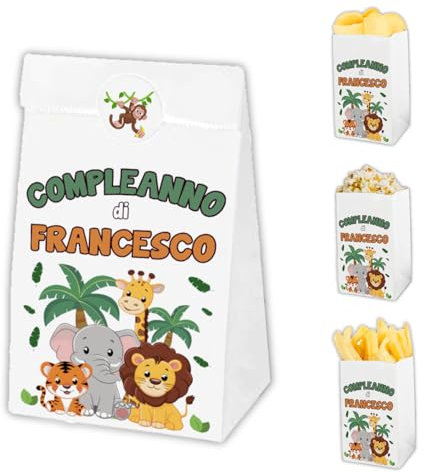 Auguriando 25 Sacchettini Compleanno Bambini Personalizzati Sacchetti Dopo Festa Regalo Personaggi Sacchetto Carta Regali dopofesta Caramelle Alimenti (Giungla)