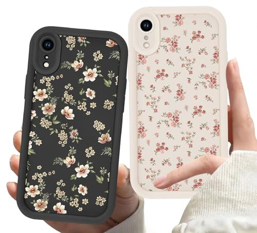 Zrutru 2 Pack Flower Phone Case for iPhone XR 6.1,Cute Floral Print Cases Unique Plant Design Pattern for Women Girls Teens,Soft TPU Shockproof Protective Cover for iPhone XR,Beige Black