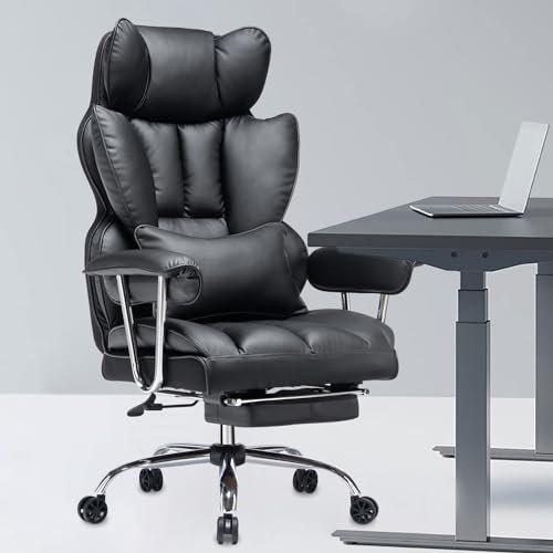 Efomao Desk Office Chair, Big and Tall PU Leather Ergonomic Office Chair, 200KG Adjustable High Back Computer Chair,Executive Swivel Chair with Footrest and Lumbar Support, Black