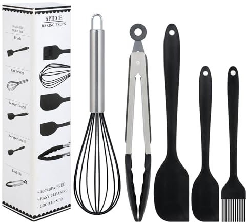 5 Accessori cucina - Utensili Cucina, Spatola e Leccapentole in Silicone, Resistenti al Calore, Antiaderenti e Facili da Pulire, Perfetti per Cottura e Pasticceria (Nero)