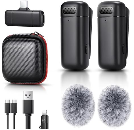 Sunnymark Mini micrófono Lavalier inalámbrico para iPhone/Android/portátil, mini micrófono Plug & Play con receptor USB C y adaptador Lightning, micrófono inalámbrico con clip de reducción de ruido