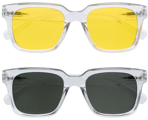 OPULIZE ERA Sunglasses - Yellow/Green Lens - 2 Pack - Anti-reflective Anti-Glare - Polarised Lenses With UV400 Protection - Oversized Rectangular Frame - Spring Hinges - Clear - Mens Womens