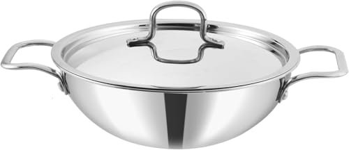Nobel Platinum Triply Stainless Steel Cookware Deep Kadai with Stainless Steel Handled lid - Wok for Stir Fry Cooking (34 cm Diameter)