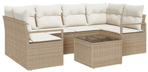 vidaXL 7-teiliges Garten-Sofaset in Beige aus Poly-Rattan – Stylisches, modernes Design, modulare Anordnung, wetterfest und pflegeleicht – Perfekt für Deine Terrasse