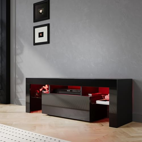 SIRHONA Meuble TV LED Noir, Banc TV 130x35x45cm, Éclairage LED RGB avec Couleur réglable, Capacité de Charge 30 kg, Convient pour Salon ou Chambre