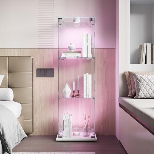 TIMORWTF Vetrina in vetro con LED, armadio vetrina per collezione trasparente, mobile vetrina in vetro con 1 ante a serratura e 3 ripiani per vetrine, soggiorno bar, 123 x 40 x 35 cm, bianco