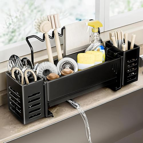 Spülbecken Organizer Kitchen Organizer Spüle Schmal 8cm mit Abflusspfanne | Badezimmer Multifunktionaler Spülorganizer mit Abnehmbare Handtuchhalter Küchen Aufbewahrung