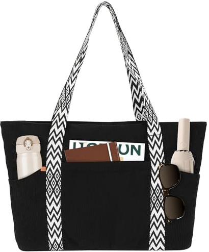 Outplea Sac Fourre-Tout en Velours Côtelé Femme, Grand Sac Bandoulière Décontracté Ordinateur 15.6 avec Sangles Boho, Léger Sacs Cabas a Main avec Fermeture Éclair pour École Travail Shopping