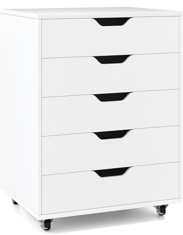 GIANTEX Rollcontainer mit 5 Schubladen, Aktenschrank mit Rollen, Schubladenschrank Holz unter Schreibtisch, Druckertisch für Zuhause & Büro (Weiß, 49 x 40 x 65 cm)