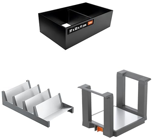 Bundle aus Blum AMBIA-LINE Schubladen-Organizer | 37×22×11 cm | Carbonschwarz + AMBIA-LINE Gewürzregal für bis zu 16 Gewürzgläser | Oriongrau + AMBIA-LINE Tellerhalter | für bis zu bis zu 12 Teller