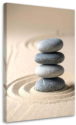 Feeby Leinwandbild - Bilder Wohnzimmer - Sandstrand Steine - 60x90 1tlg - Deko Schlafzimmer - Wanddekoration - Aesthetic - Groß Moderne Bild - Foto auf Leinwand