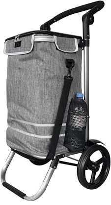 Faltbarer Aluminium Einkaufstrolley 57L (48L + 9L Kühlfach) Grau, 30kg Traglast, 35x45x98cm, Eva Leichtlaufräder Ø20,5cm, Klappbar, Als Sackkarre & Umhängetasche nutzbar, Einkaufswagen Haken
