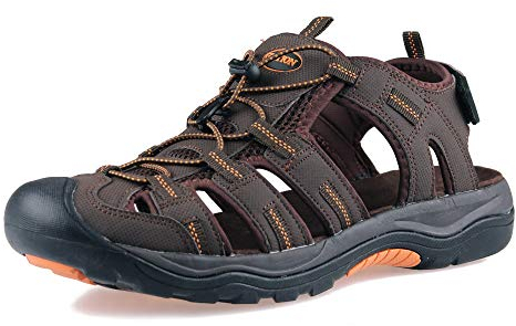 GRITION Sandalias de Senderismo Hombre, Deportivas Verano Trekking Punta Cerradas Playa Exterior, Ajustable Antideslizantes Zapatillas Casuales Caminar Agua Calzados 45EU-Marrón