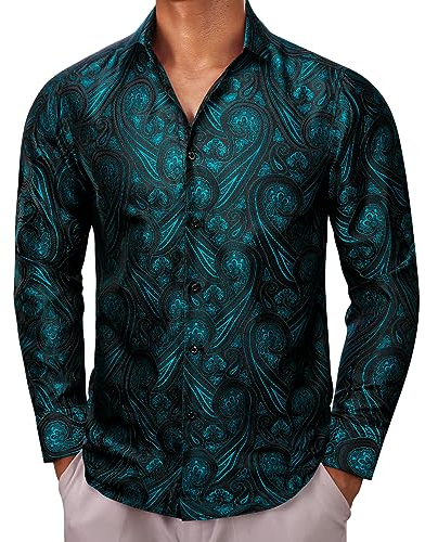 Barry.Wang Chemise à manches longues pour homme, motif cachemire fleuri - Vert - Large