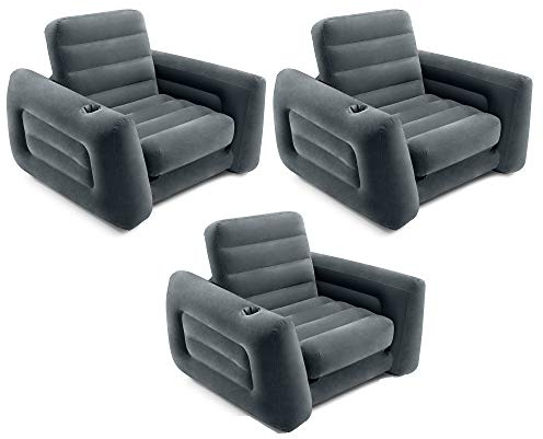 Intex 2 in 1 Inflatable Pull Out Sofa Chair and Twin Air Bed Mattress with Cup Holders for Indoor and Outdoor Use for Adults (3 Pack), Charcoal