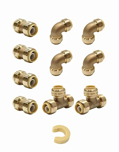10 Stück Efield 1/2 Zoll Steckfitting Bündel zum Verbinden von PEX, Kupfer, CPVC – Tees T (2 Stück), 1/2 Zoll Kupplungen (4 Stück) mit einem Trennclip, bleifreies Messing