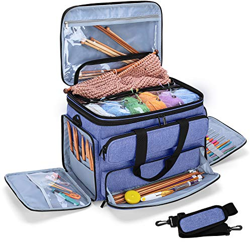 Yarwo Stricktasche zur Aufbewahrung von Wolle, Häkel Aufbewahrungstasche für Garn, Handarbeitstasche für Stricken Wolle und Häkel Zubehör, Blau