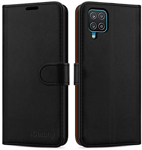 iCatchy For Samsung Galaxy A12 Case Leather Wallet Book Flip Folio Stand View Cover with Card Slots Compatible with Galaxy A12 5G (6.5'') (Black)