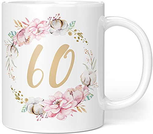 Taza de regalo de cumpleaños para 60 mujeres, ideas de regalo para 60 cumpleaños, regalo de cumpleaños para mujeres, flores, cerámica, 330 ml